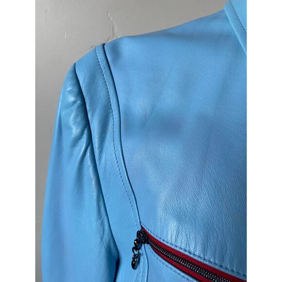 Y2K St. John Sport By Marie Gray Blue Leather Jacket w/ Red Trim Accents/Lining - Picture 3 of 16